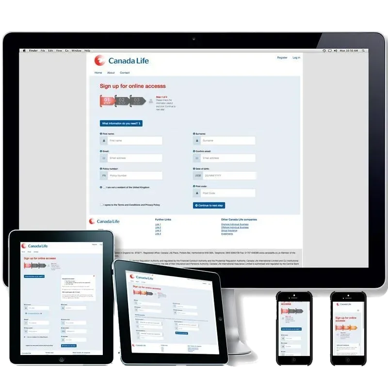 The Canada Life sign-up area shown on a large screen, tablet and phone.