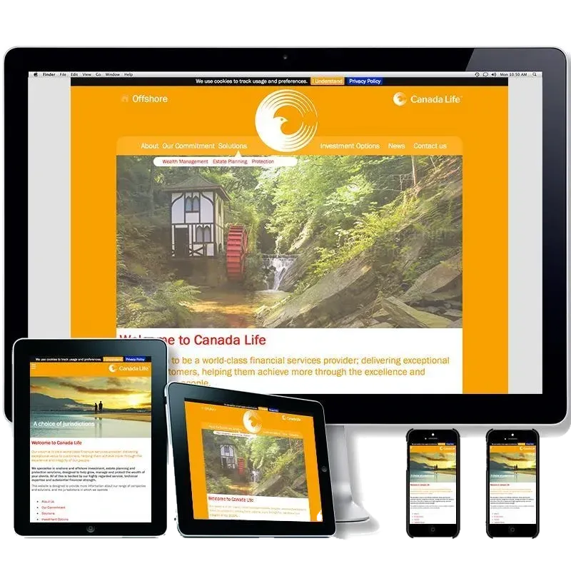 A Canada Life global site shown on a large screen, tablet and phone.