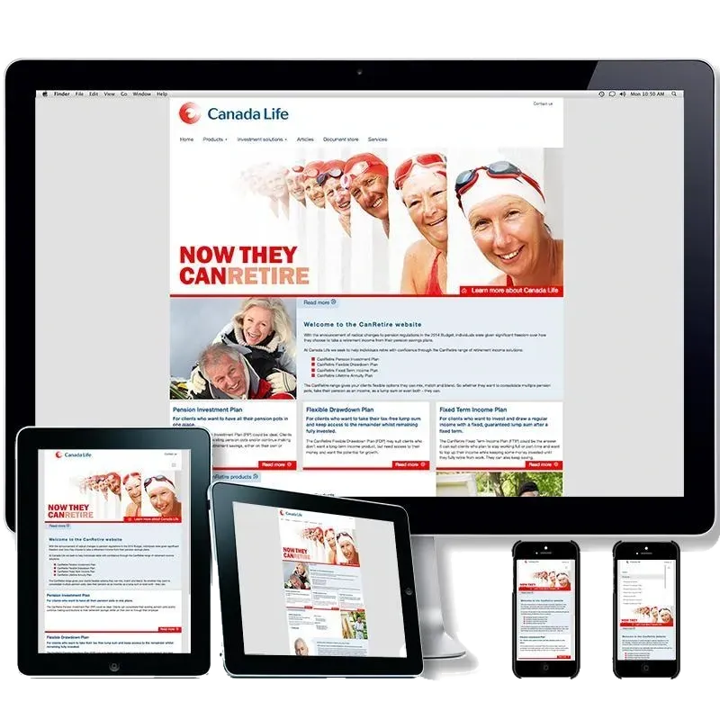 A Canada Life later-life product site shown on a large screen, tablet and phone.