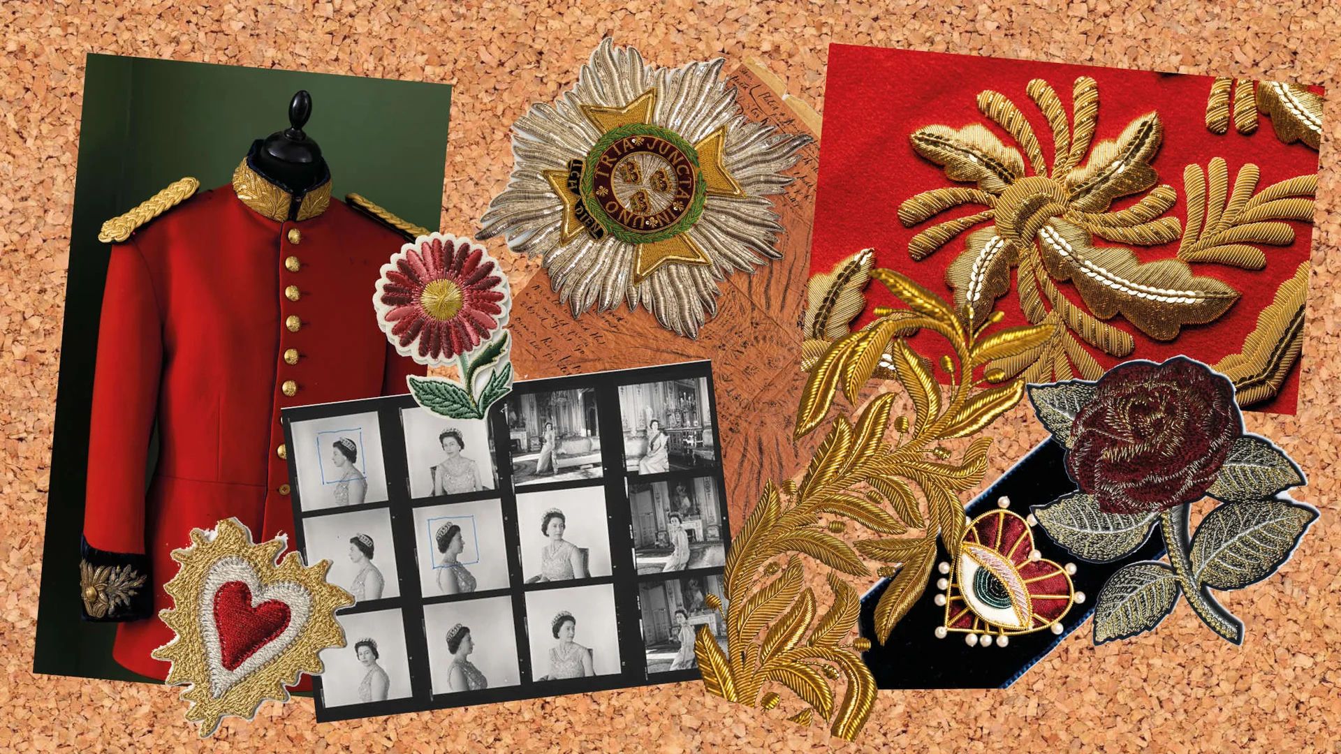Hand embroidered pieces and archive photographs on a cork board at Hand & Lock
