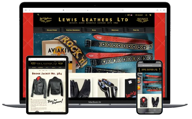 Lewis Leathers product and range pages shown on a laptop, tablet and phone.