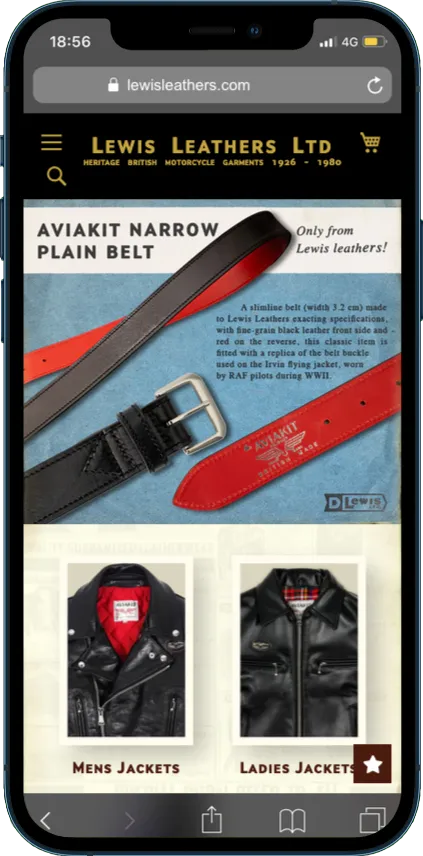 Lewis Leathers history and product cards shown on a phone.