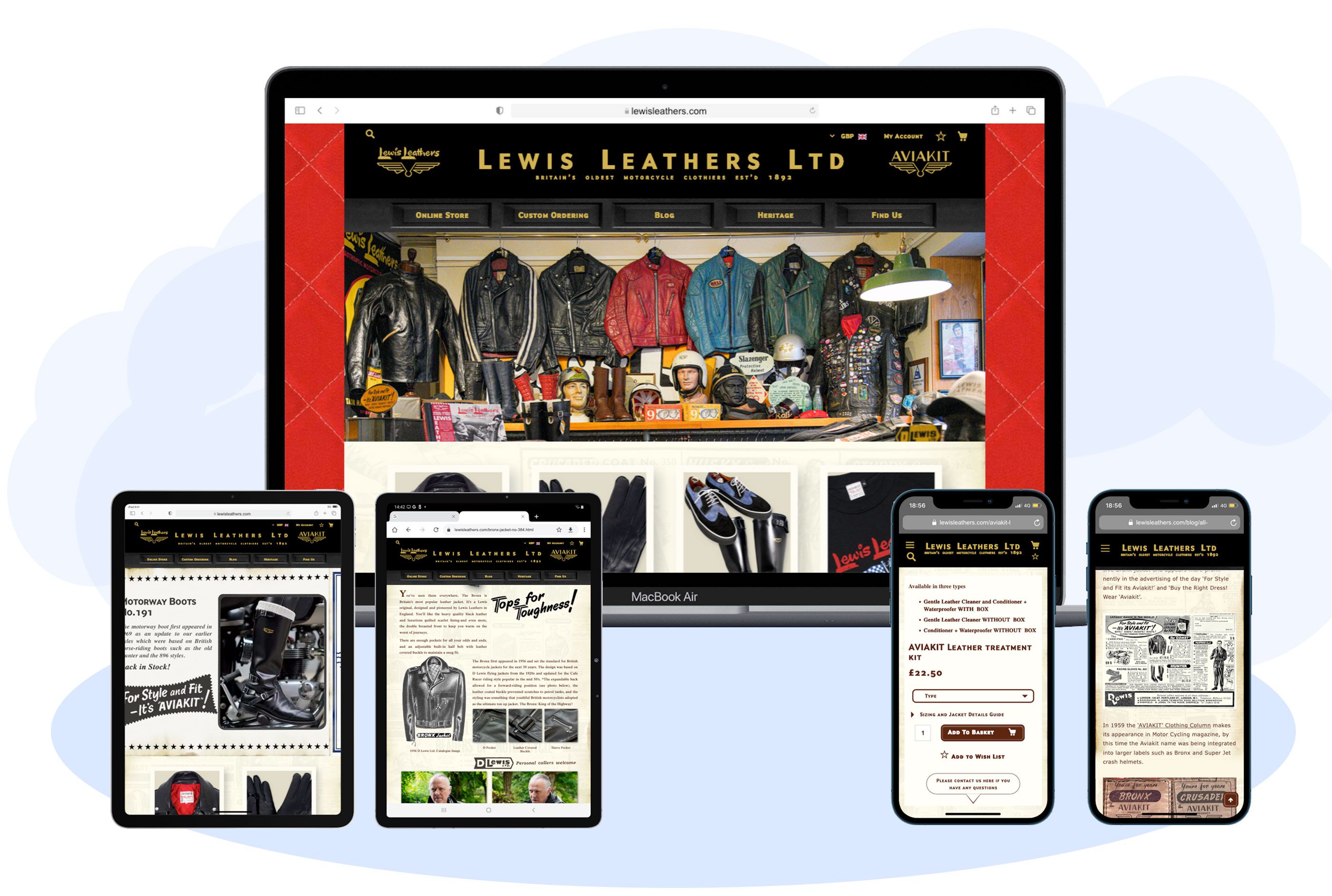 The Lewis Leathers shop shown on a large screen, tablet and phone.