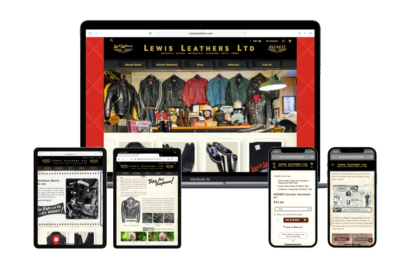 Lewis Leathers product and history pages shown on large and small screens.