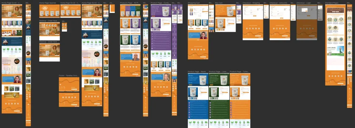 A Figma board with Mushroom Rise shop pages, phone views and parts used more than once.
