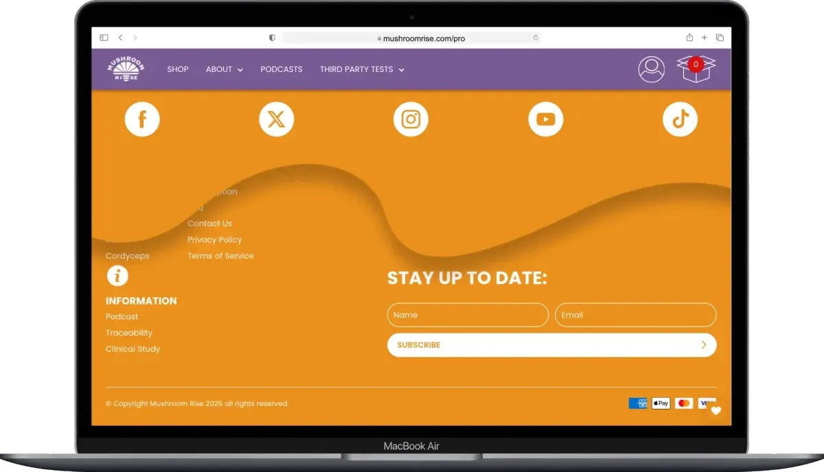 The Mushroom Rise footer and email sign-up area.