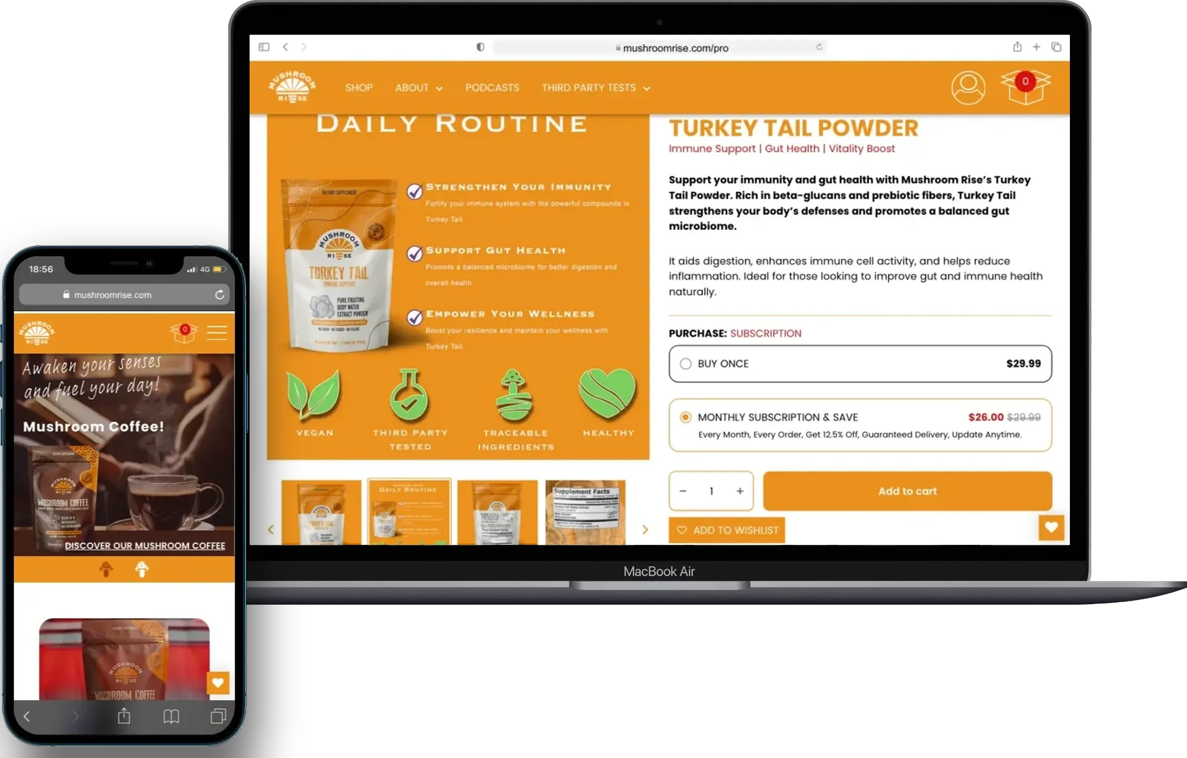 Mushroom Rise: Brand, Shopify store, product pages, and content