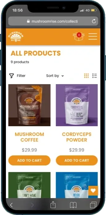 The Mushroom Rise range page shown on a phone.