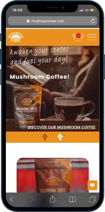 The Mushroom Rise home page shown on a phone.