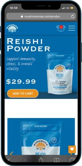 A Mushroom Rise phone page with product facts and buy choices.