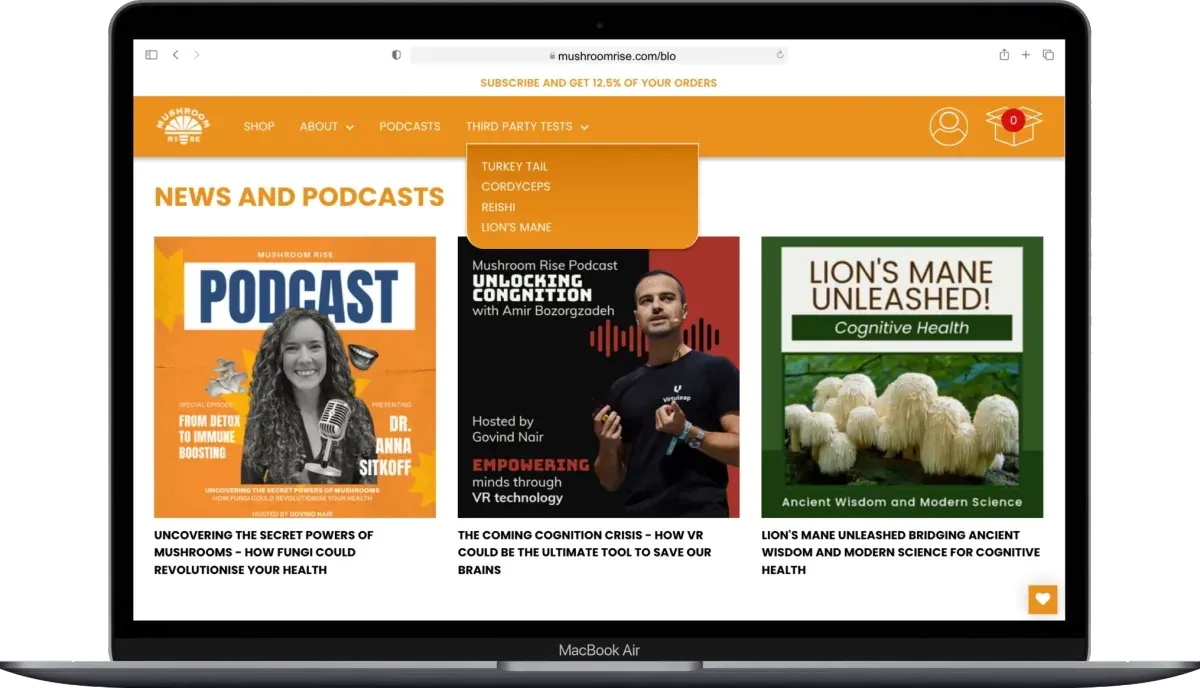 A Mushroom Rise podcast page with shows and the brand style.