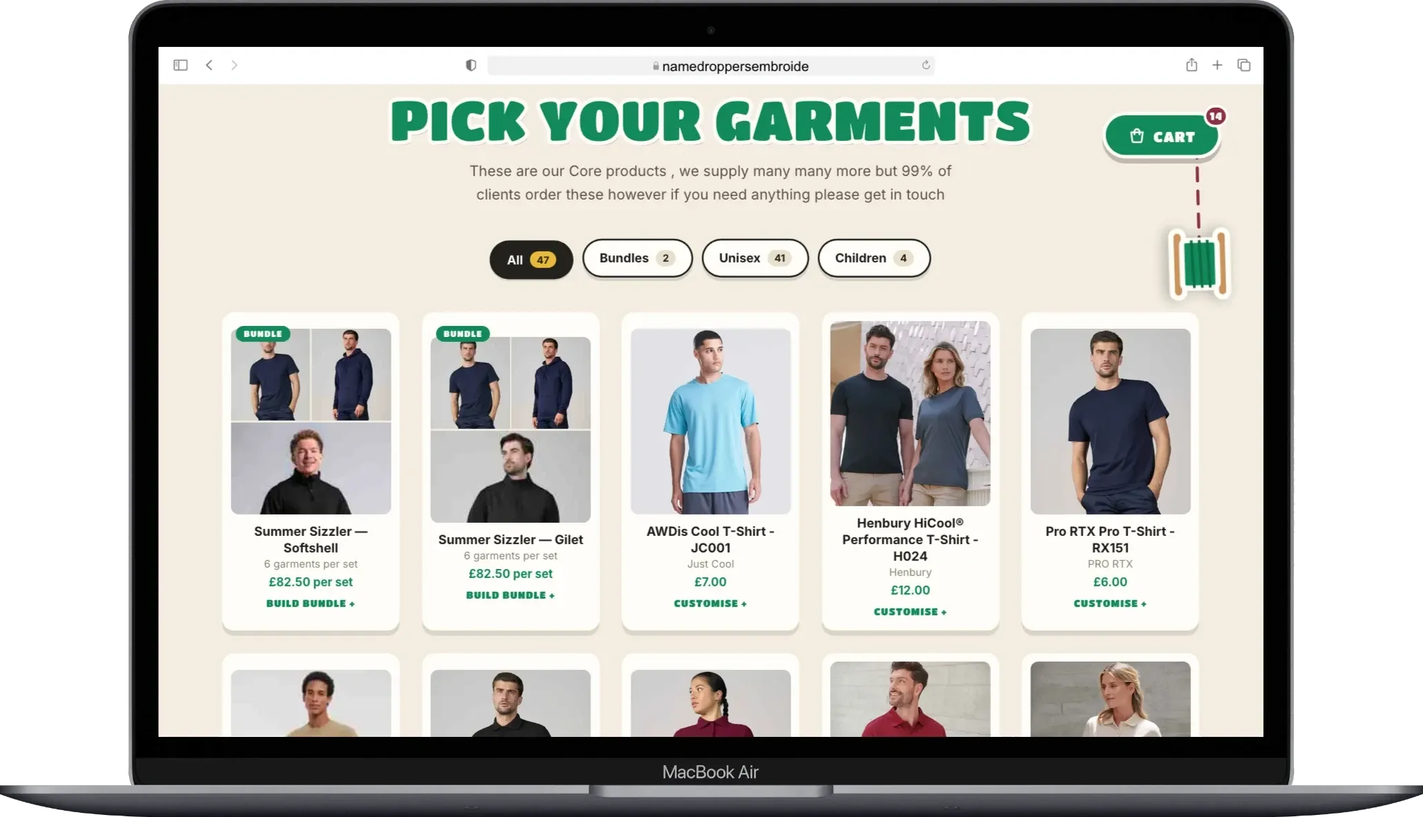 The Pick Your Garments catalogue page showing bundle and garment cards with starting prices and filter tabs for All, Bundles, Unisex and Children.