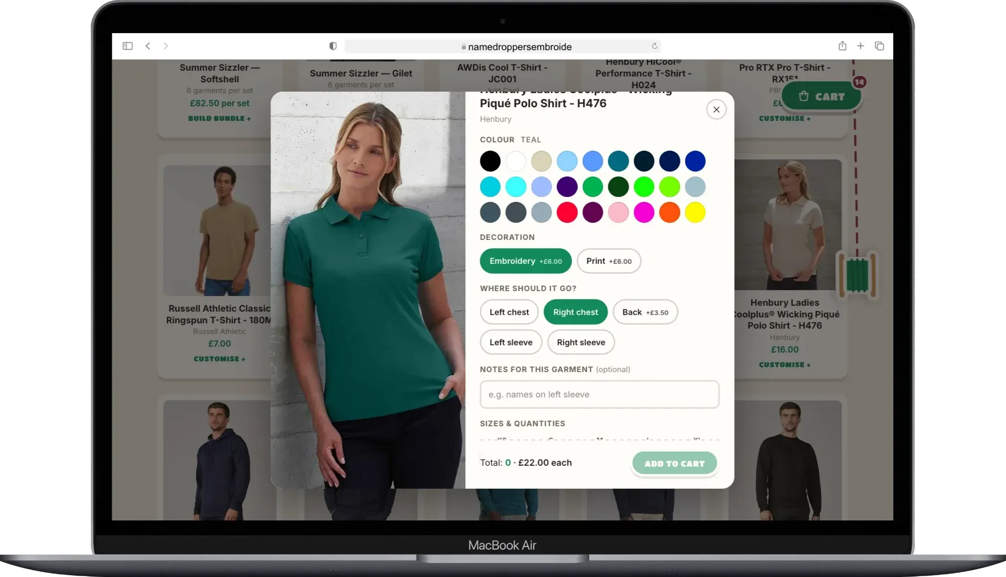 The garment customiser for a polo shirt, with colour swatches, embroidery or print choice, decoration position buttons, a notes field and sizes and quantities.