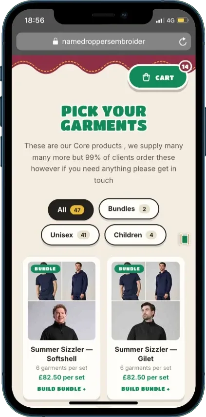 The garment catalogue on a phone, with filter tabs and bundle cards.