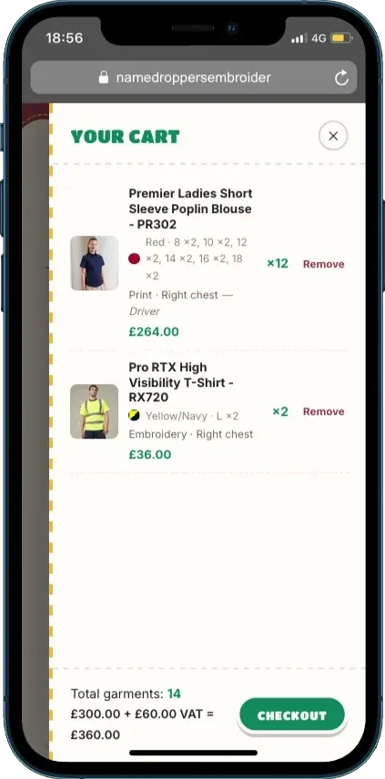 The quote basket on a phone, listing two garments with colours, size quantities, decoration and placement, plus a total with VAT.