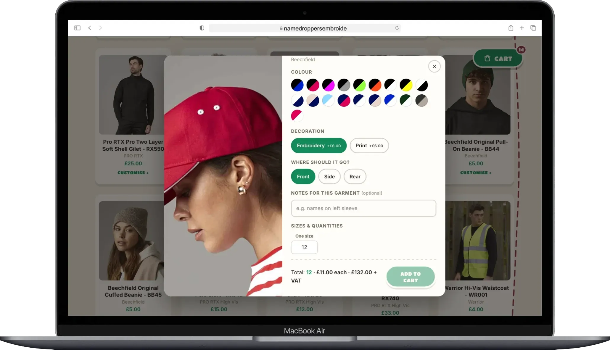 The customiser for a cap, showing colour swatches, decoration choice, front, side or rear placement, a quantity of 12 and a running total with VAT.