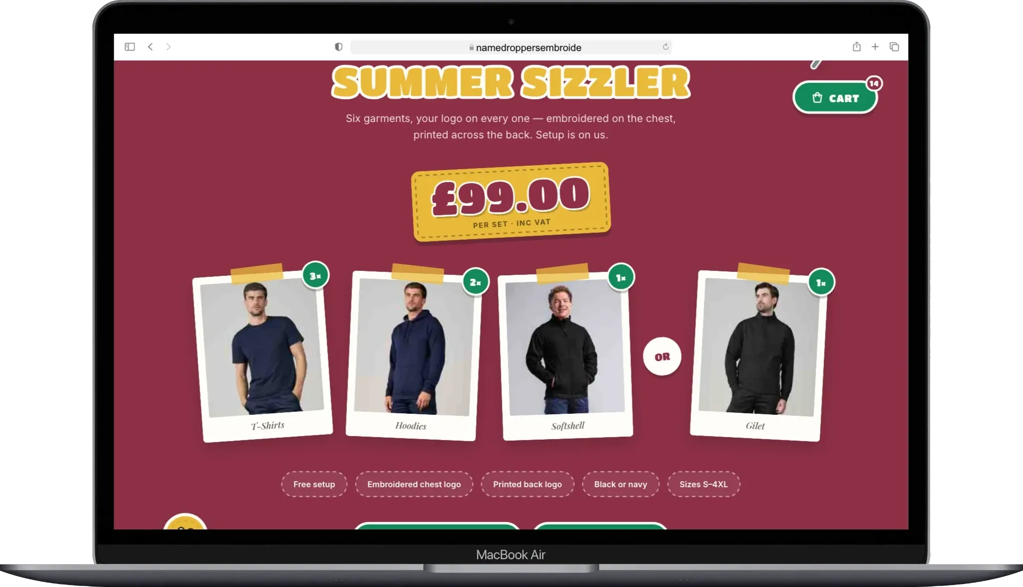 The Summer Sizzler bundle page: six garments for £99 per set including VAT, showing t-shirts, hoodies and a softshell or gilet with free setup.